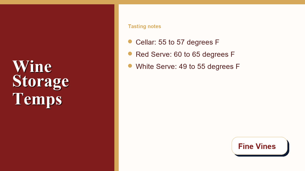 Fine Vines wine storage temperature guide with cellar, red wine, and white wine serving ranges.