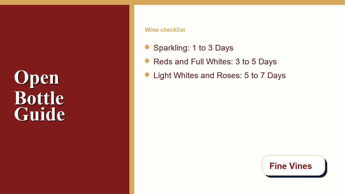 Fine Vines open-bottle longevity checklist showing sparkling, red, white, and rose wine timing.