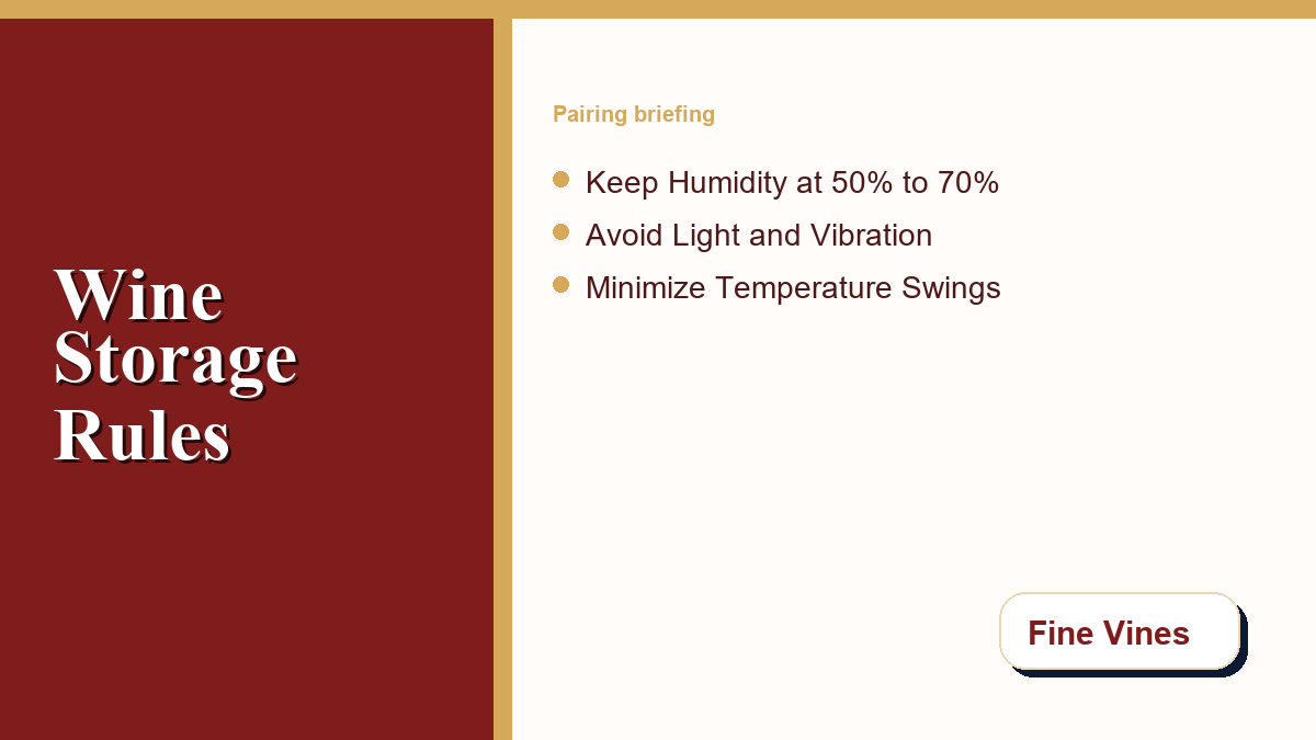Fine Vines wine storage checklist for humidity, light, vibration, and temperature swings.